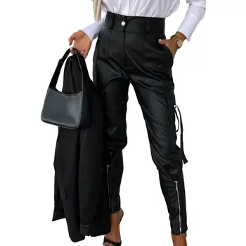 Käänulised Naiste Püksid Stiilne Kõrge-waisted Faux Nahast Pliiats Püksid Naistele Slim Fit Multi-tasku Disain Stiilne Lukuga Decor Kõrge