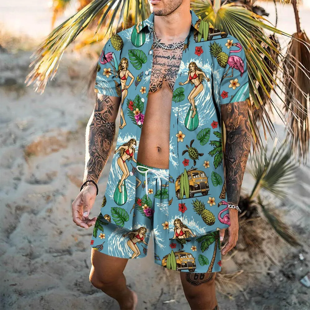 Rand trükitud Hawaii Set Meeste 2tk Särk+lühikesed Püksid 3D Print Lahti Vabaaja lühikesed varrukad Beach Särk Holiday Fashion Kahe-osaline Komplekt - 0