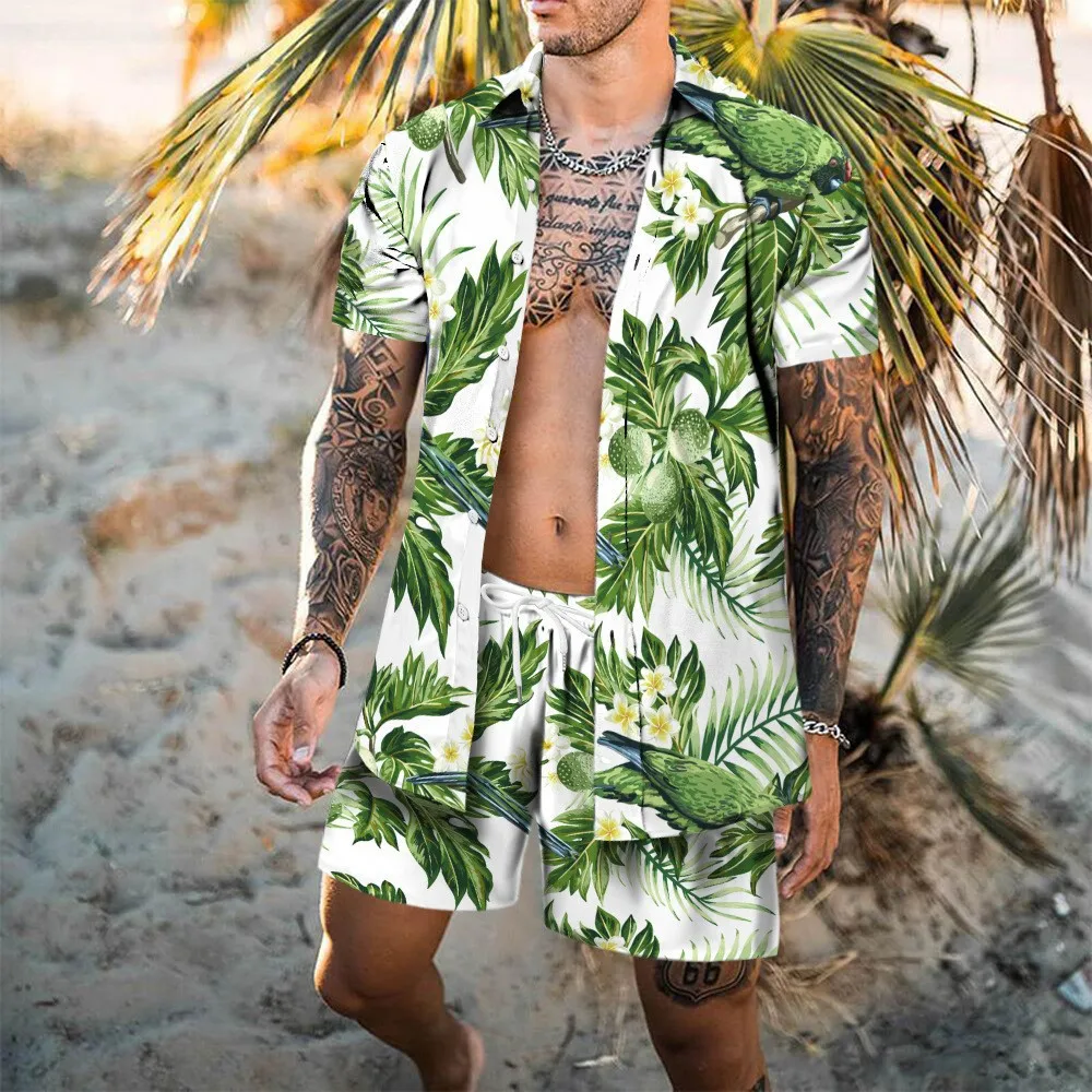 Rand trükitud Hawaii Set Meeste 2tk Särk+lühikesed Püksid 3D Print Lahti Vabaaja lühikesed varrukad Beach Särk Holiday Fashion Kahe-osaline Komplekt - 3
